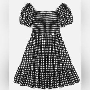Plus Gingham Shirred Puff Sleeve Ruffle Hem Dress
